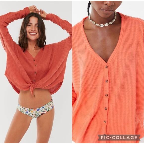 Out From Under orange coral waffle knit long sleeve button front oversized top - Picture 1 of 7
